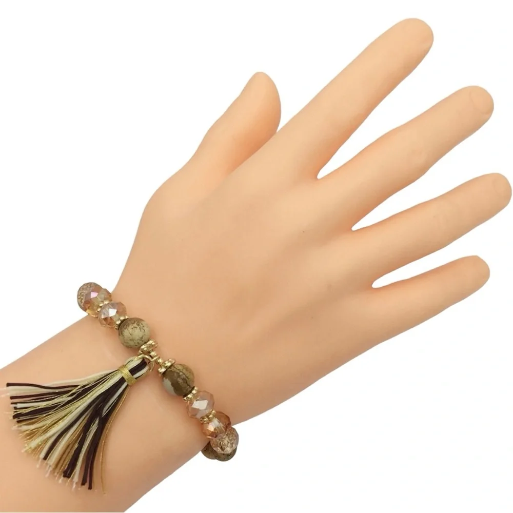 Brown Genuine Stone & Glass Beaded Tassel Stretch Bracelet
